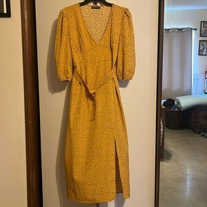 Yellow/ Goldish with black polka dot long Nasty Gal dress with self belt